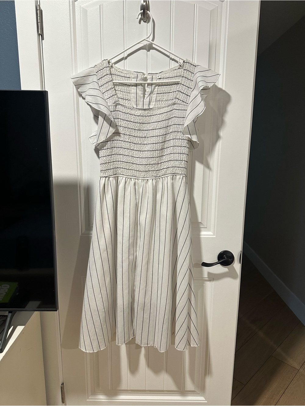 White Striped Smocked Midi Dress with Flutter Sleeves